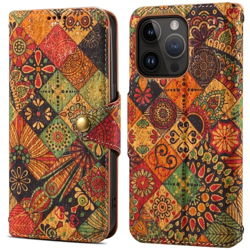 GuluGuru for iPhone 15 Leather Wallet Case, Retro Cork Wood Leather Folio Phone Case Flip Book Cover Magneitc Closure with Stand, ID Credit Card Holder Coin Cash Slot (Kaleidoscope Art Pattern)