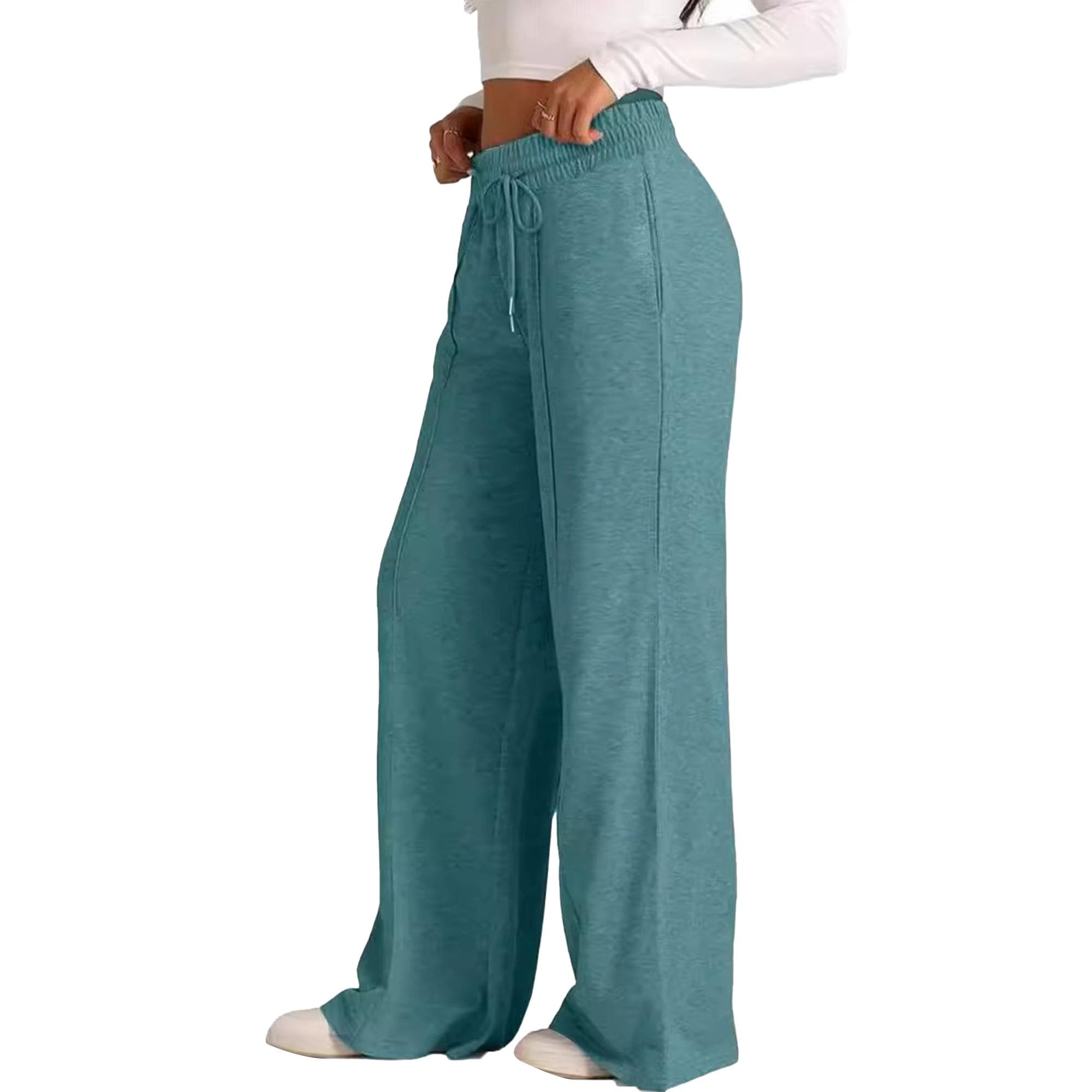 Women Casual Pants Summer Wide Leg Pants High Waisted Drawstring Baggy Sweatpants Elastic Straight Lounge Pant