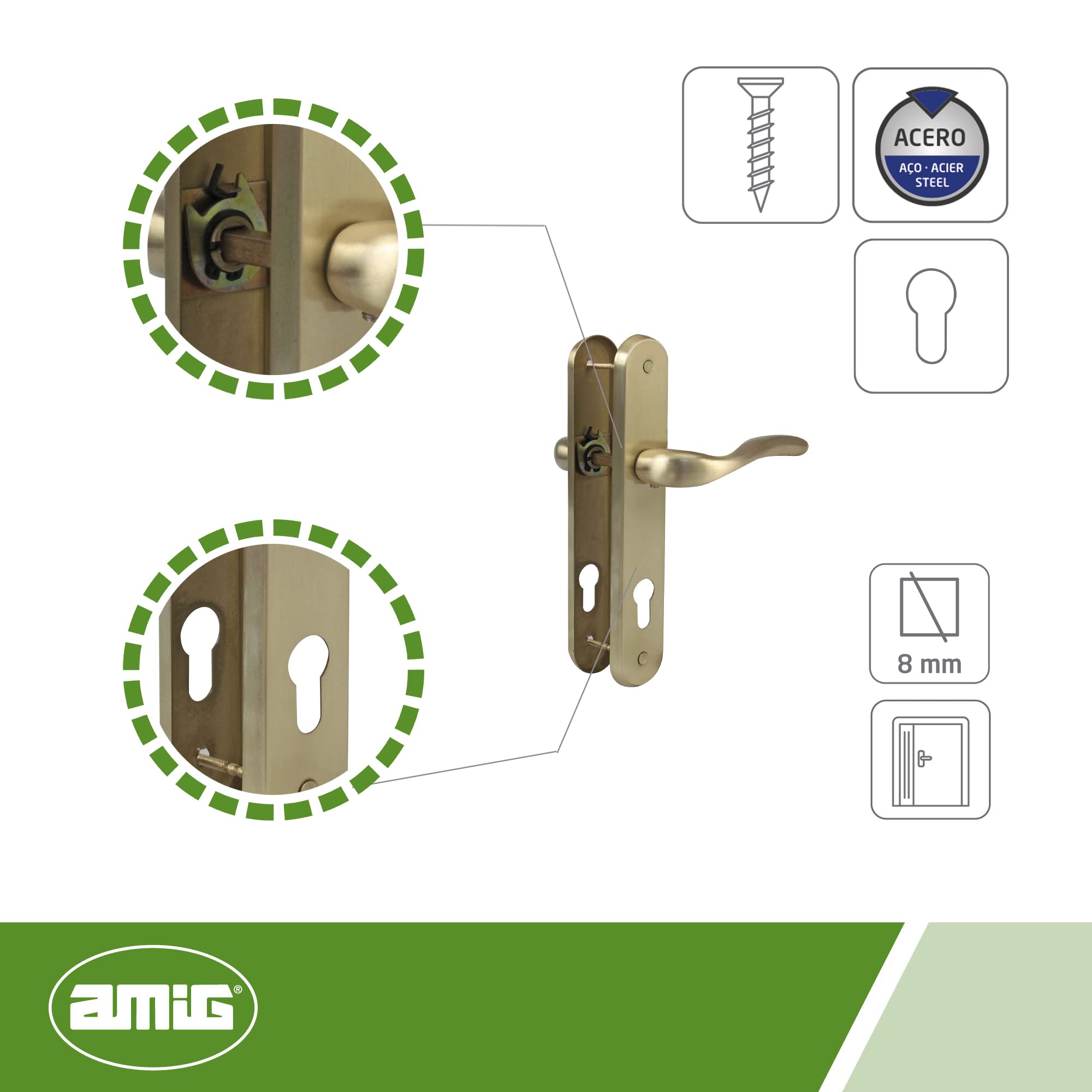 Amig - Juego de Manilla para Puerta - Modelo Lena - Acero - 238 x 40 mm - Bocallave de 70 mm - Cuadradillo de 8 mm- Color: Latonado mate