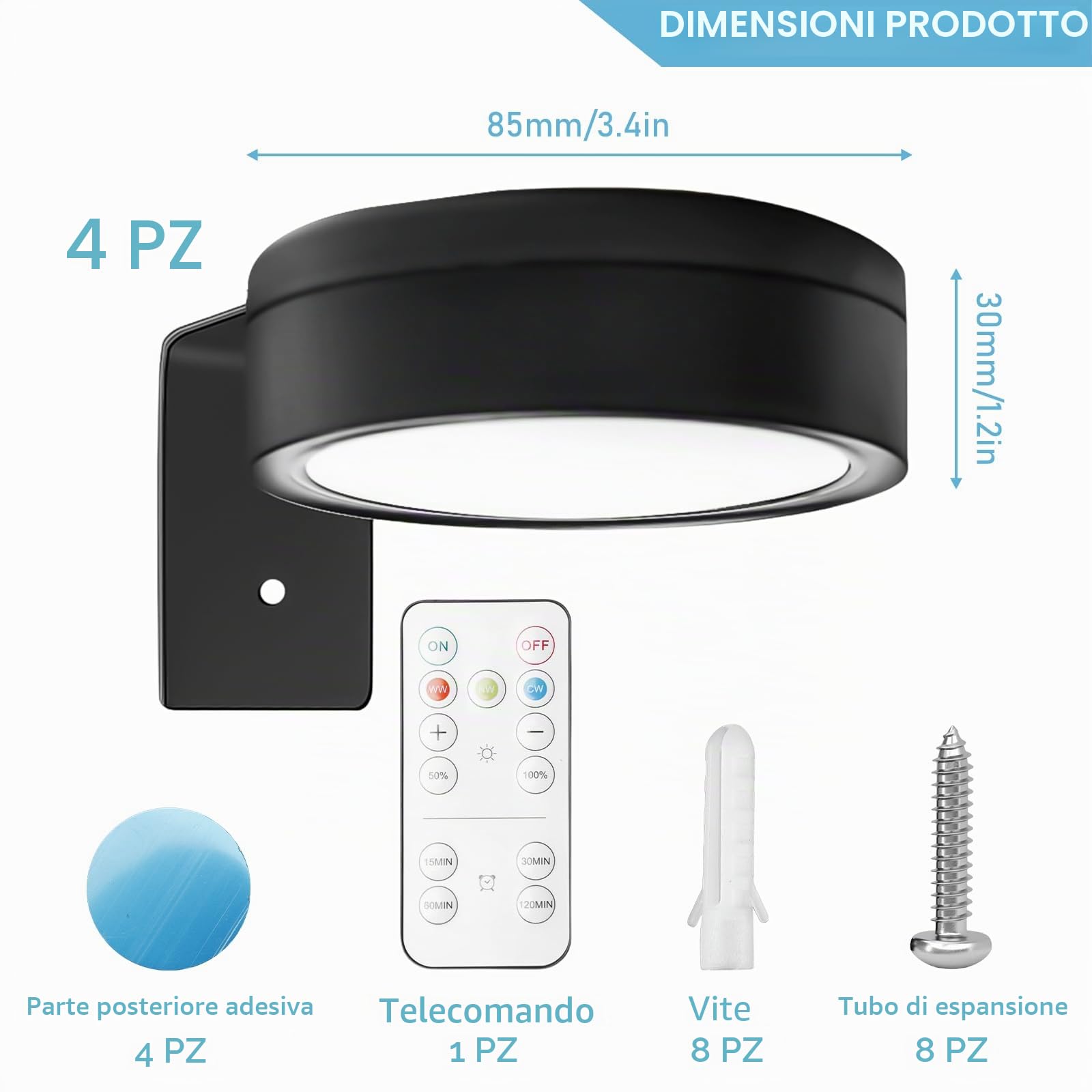 Aicharynic Confezione da 4 luci per quadri, luce per quadri con batteria e telecomando, lampada per quadri, luce da pittura ricaricabile con 3 temperature di colore, LED dimmerabile per esposizione