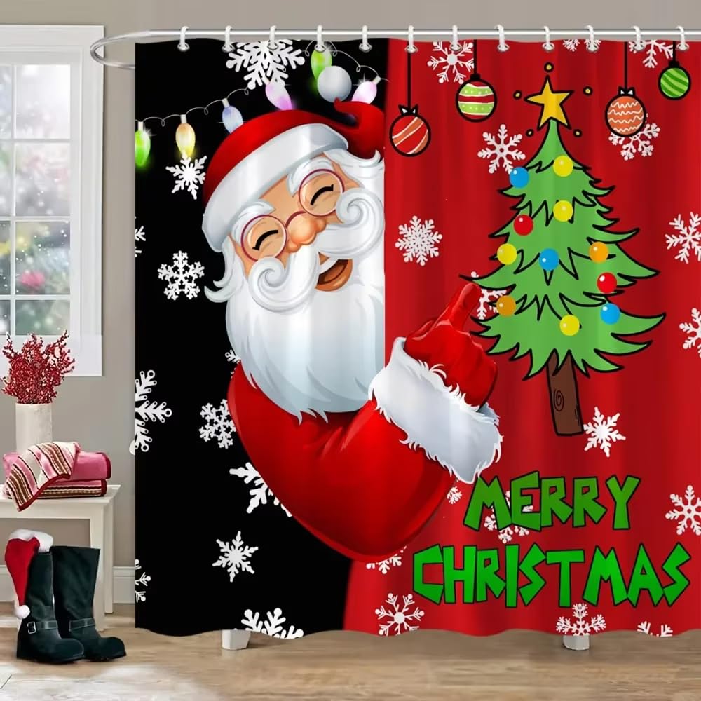 Kelaimi Black/Red Santa Claus Shower Curtain 200X240,Christmas Tree Decoration Balls Snowflake Scene Bathroom Decor, Patchwork Waterproof Bathroom Curtain,Washable Quick Dry W 94.5 "X L 78.7" (1Panels)