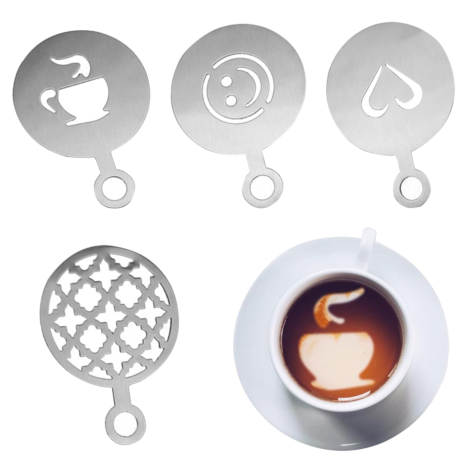 4 Pcs Stainless Steel Coffee Stencils Personalized Barista Accessories Perfect for Creating Latte Art Cappuccino Designs and Decorating Coffee Cakes and Baked Goods Also can Create Favorite Patterns