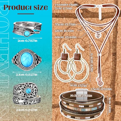 Image of Ecally Bohemian Western Jewelry Turquoise Set Women Country Pendant Long Choker Layered Bracelets Earrings Ring for Women