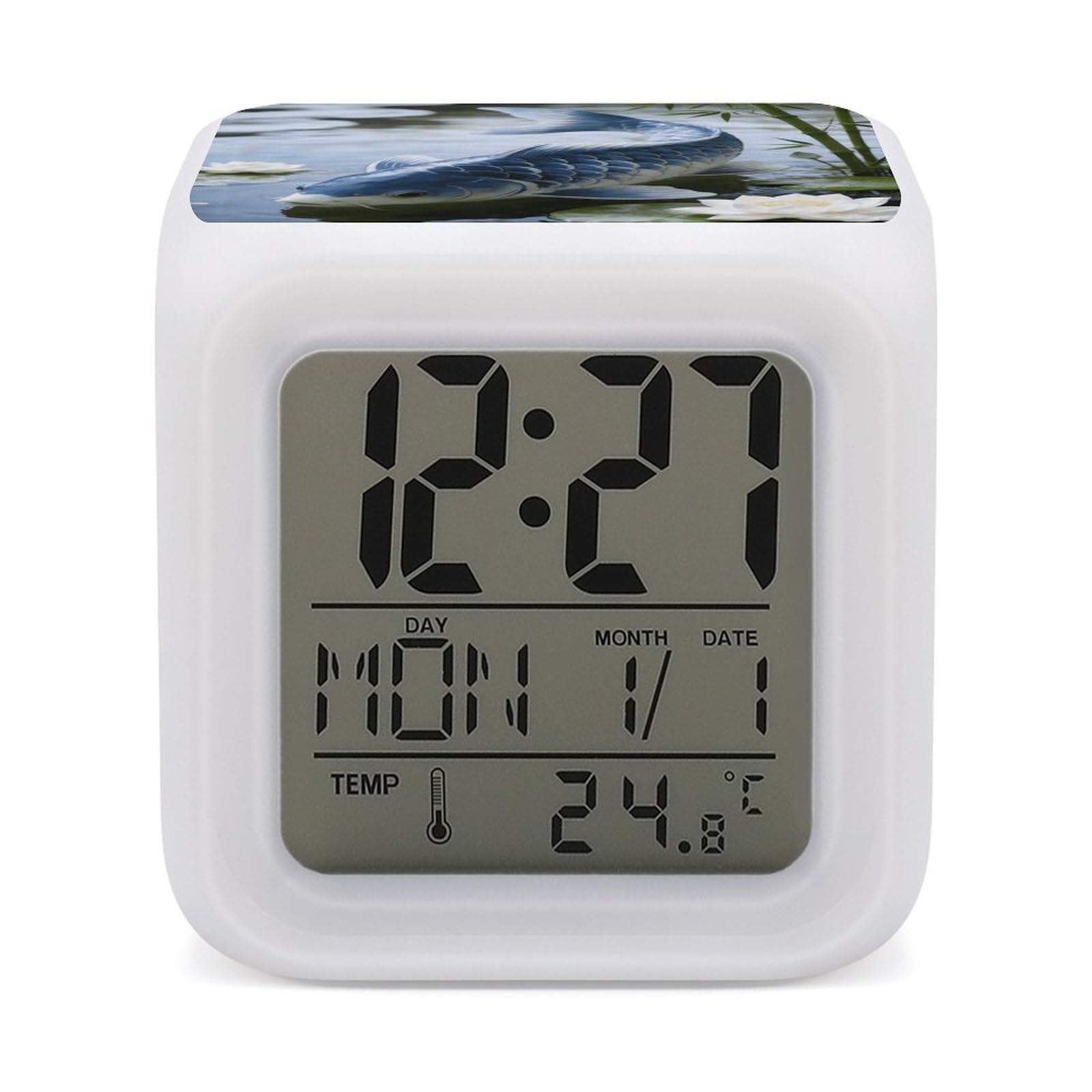 LZQPOEAS Koi Fish Japanese Tattoo Alarm Clock with 7 Color Changing Nightlight for Bedroom Calendar Temperature Display Wake Up Digital Clock Small Desk Clocks for Heavy Sleepers Adults
