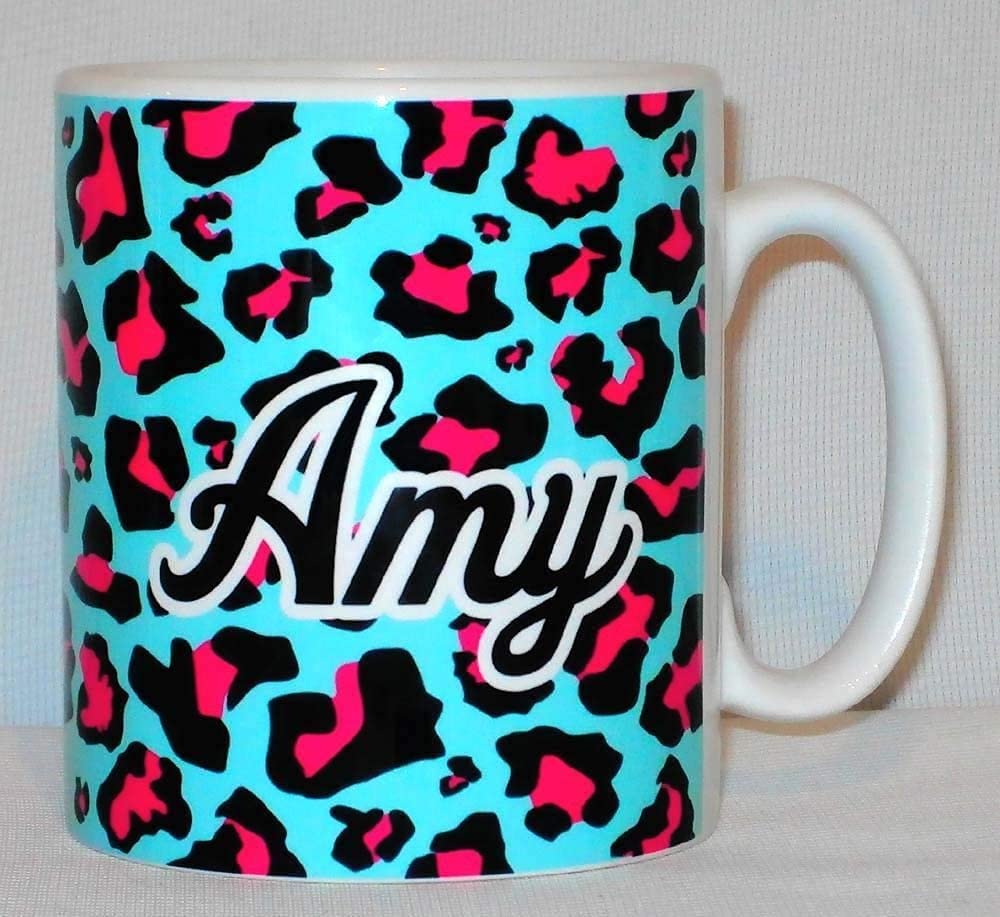 Personalised Pink & Turquoise Blue Leopard Animal Skin Print Ceramic Mug Great Kitch Funny Any Name Gift