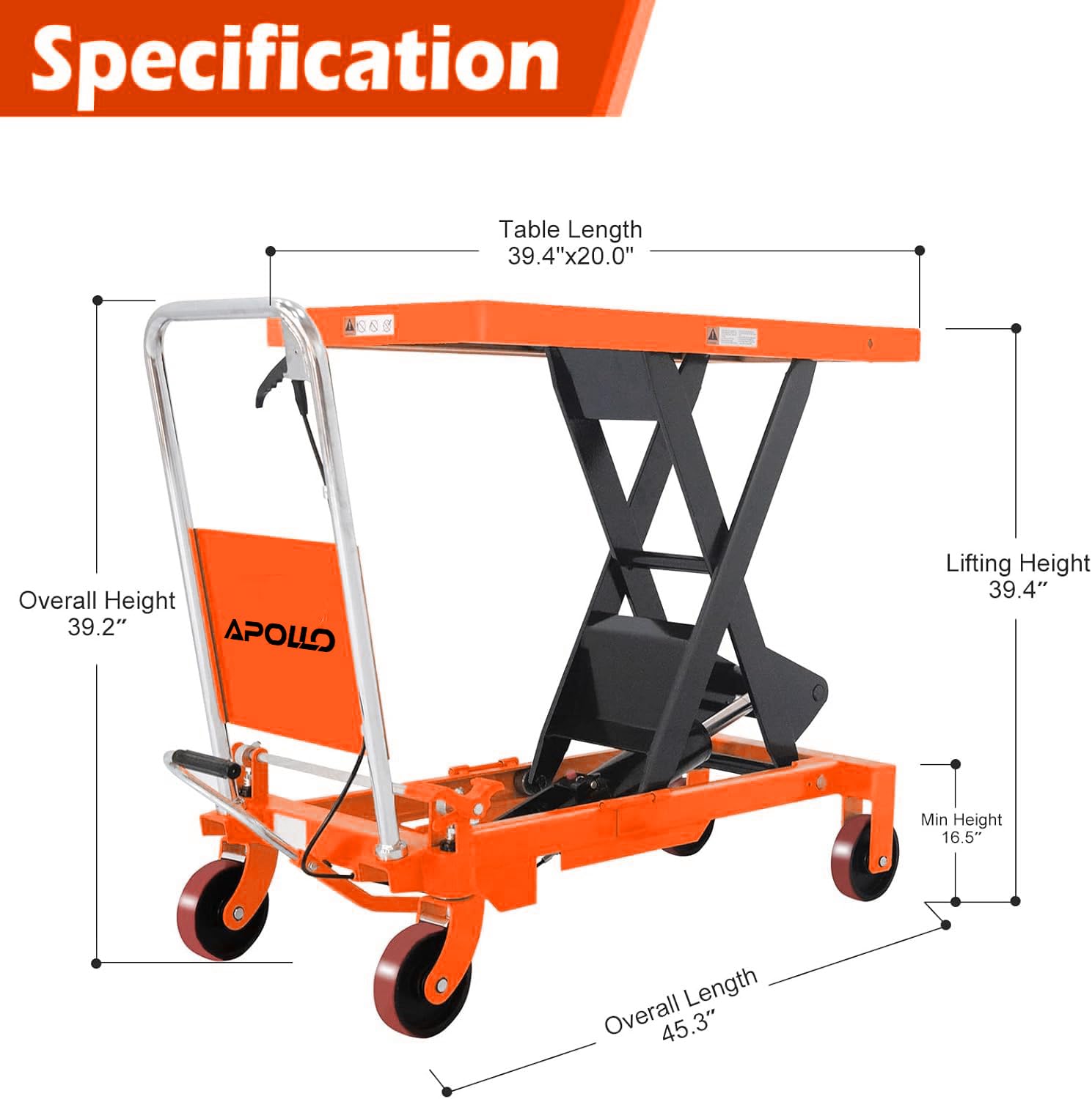 APOLLO Hydraulic Lift Cart 1760lbs Capacity, 39.4” Lifting Height Lift Table Cart, Manual Single Scissor Lift Table with 4 Wheels and Foldable Handle, for Material Handling, Elevating, Transportation