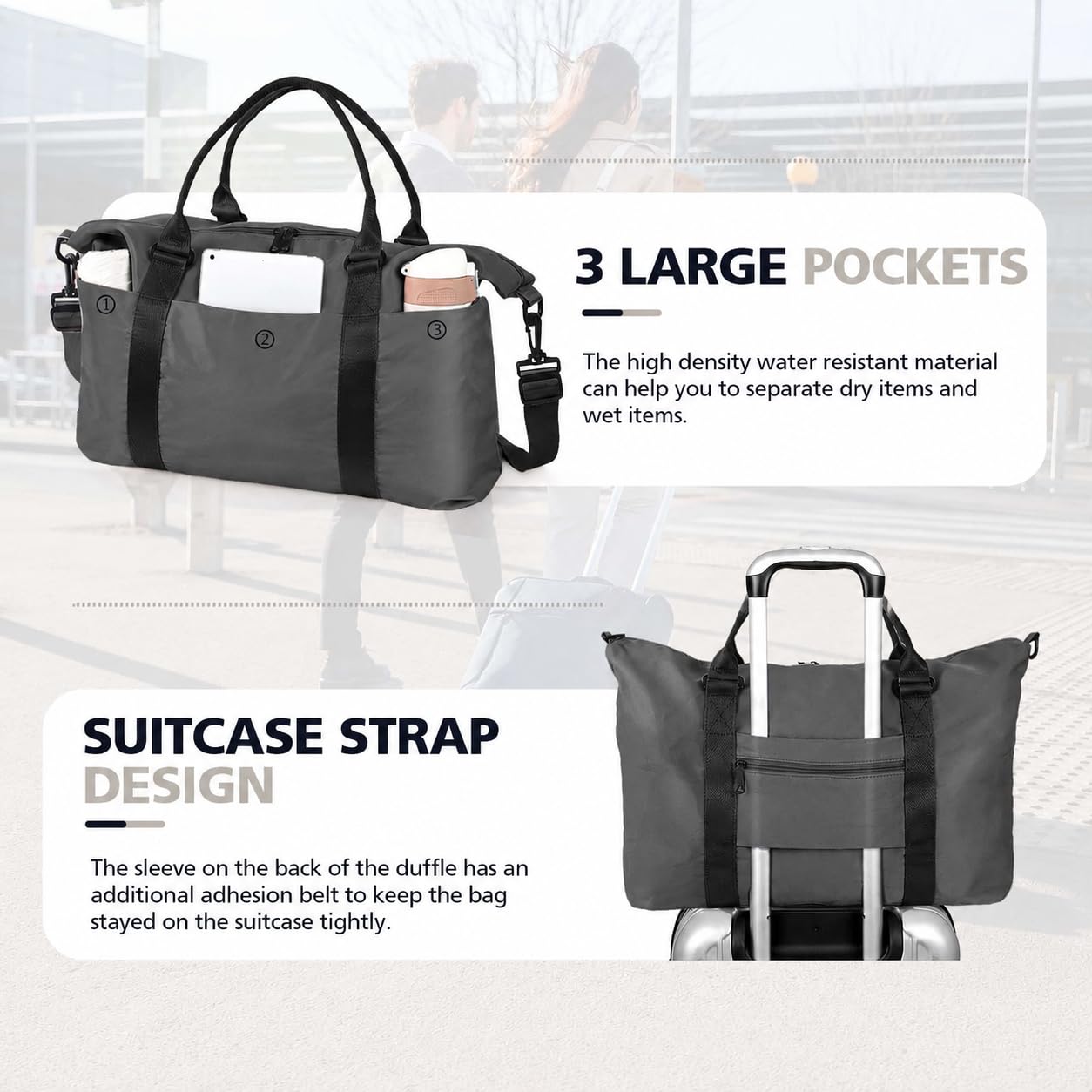 Travel Duffle Bag, Waterproof Weekender Bag Carry On Tote Bags for Women, Travel Essentials Sport Gym Bag for Men, Hospital Bag for Labor and Delivery, Overnight Bag Luggage Bag with Trolley Sleeve view 6