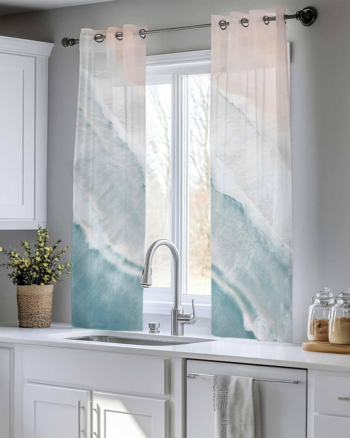 Modern Beach Semi-Sheer Curtains, 39"W x 27.5"L (Pack of 1), Grommet Top, 2 Panels, Light Filtering, Privacy, Summer, Polyester, Living Room/Bedroom/Kitchen/Bathroom