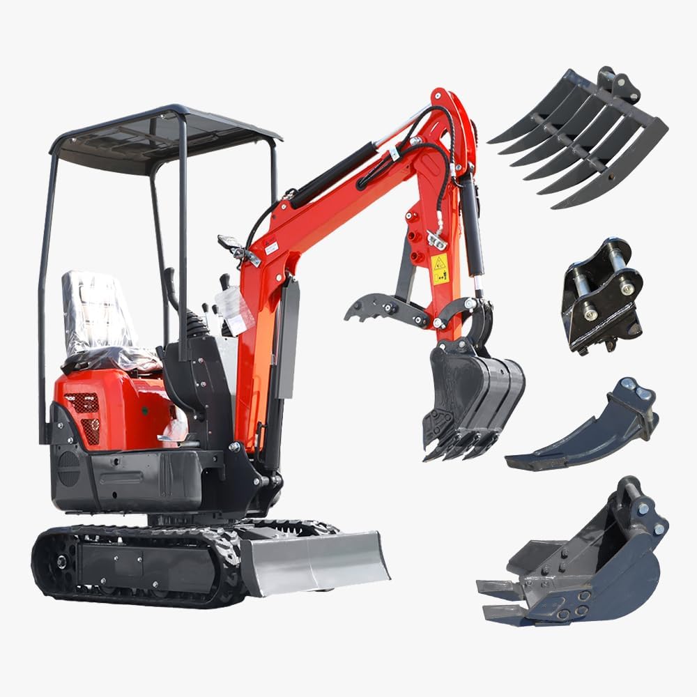 1.2-ton red mini Excavator, B&S Engine, Mechanical Thumb, 4-Leg Canopy, Quick Coupler, rake, Ripper, Narrow Bucket. Ships from US Warehouse. Delivery & unloading Included.
