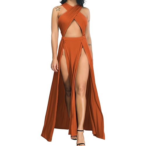 Velius Women Sexy Hollow Out Halter Wrap Sleeveless Plain Pleated Slit Casual Long Maxi Dress