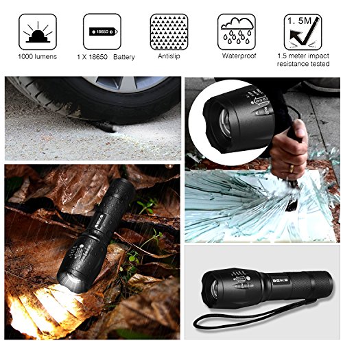 BEIKE 2 Pack 1000 lumens Tactical Flashlights, Super Bright Handheld Outdoor CREE LED Torch Flashlight with Adjustable Focus 5 Light Modes for Camping Hiking Emergency(AAA Batteries Included) - Thumbnail 5