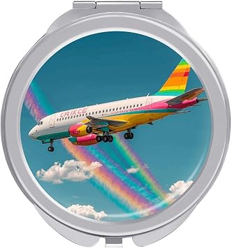 Fantasy Rainbow Plane Travel Makeup Mirror, 1x/2x Magnification, Portable Pocket Mirror for Purse Round Mini Cosmetic Compact Mirror Cute Handbag Mirror