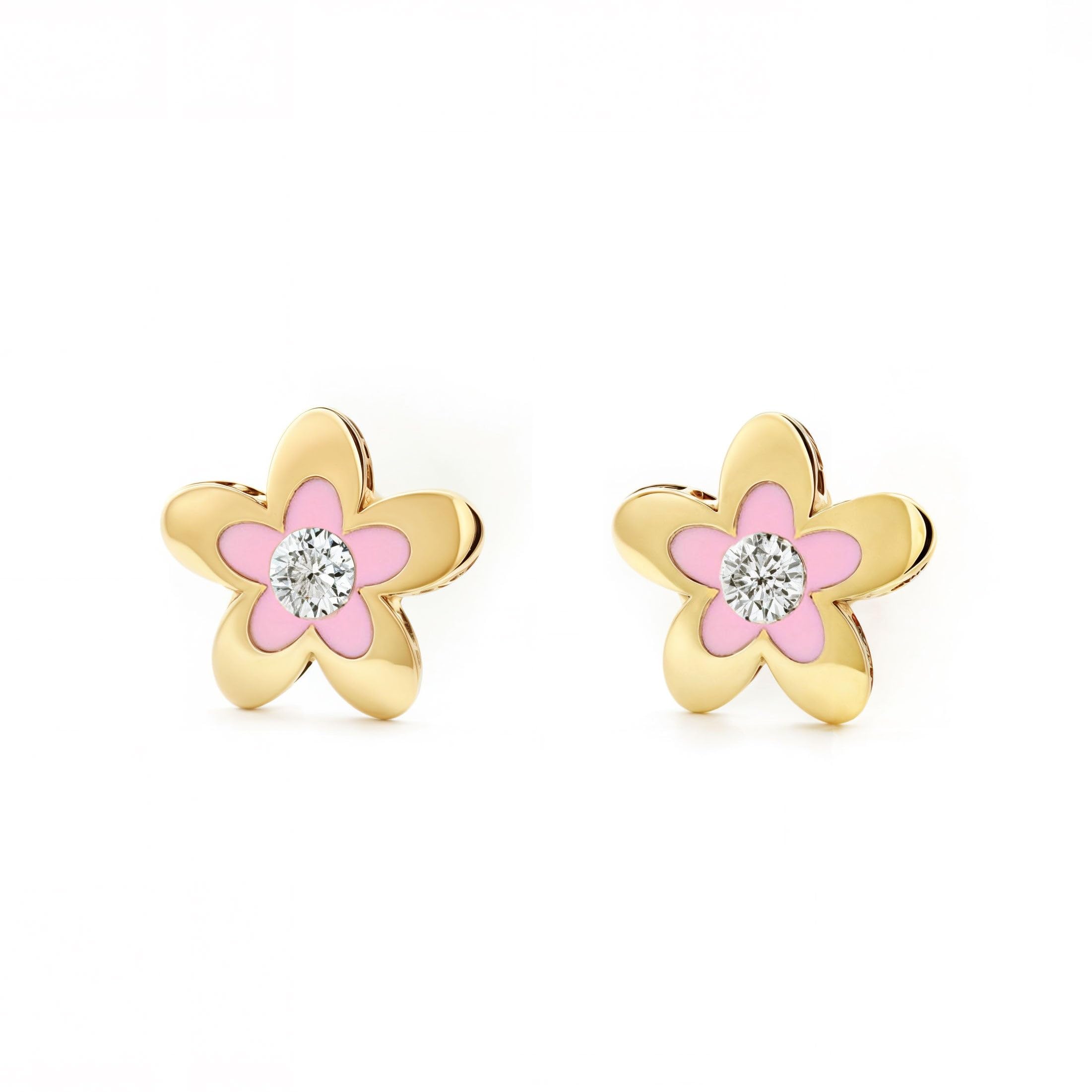 Pendientes Oro Niña flor esmalte rosa y circon (9kts) - Estuche Regalo - Certificado de Garantía - Mondepetit