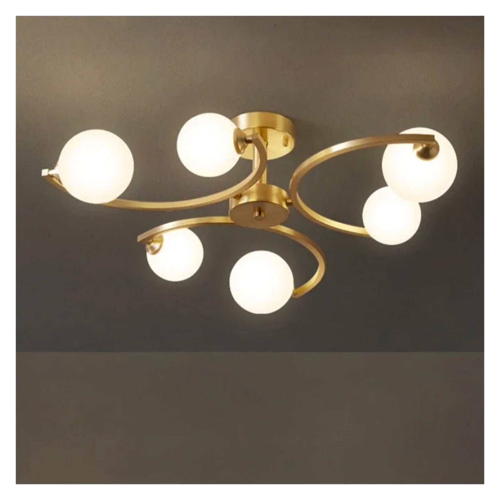 Olskfuh Warm White Luxury Golden Copper Ceiling Light Modern White Glass Ball Led Ceiling Lamps Living Dining Room Light Fixtures,-6Heads-65X65xh20cm