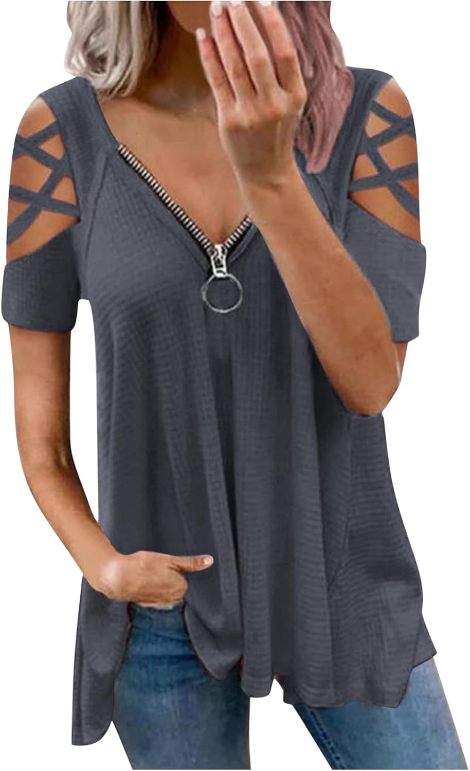 Women's Hollow Out Sleeve Zip Front V-Neck T-Shirt Nigeria Ubuy