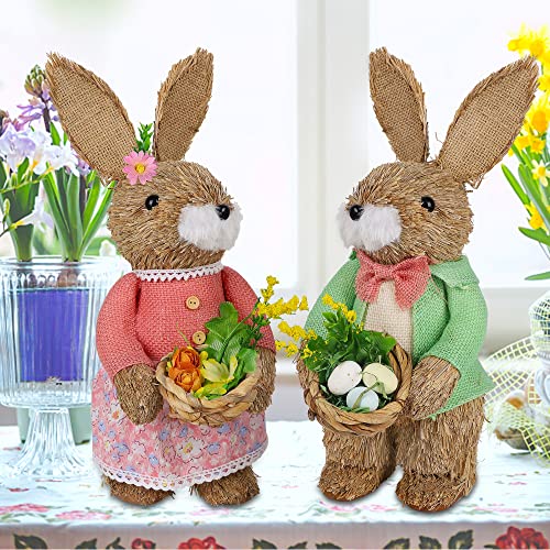 Juegoal Set Of 2 Easter Standing Bunny Couple, 13.8" Handmade Straw Bunny Figurine, Easter Rabbits Tabletop Statues, Cute Rabbit Photo Props Gifts For Office Kitchen Farmhouse Spring Home Decor #TOP6