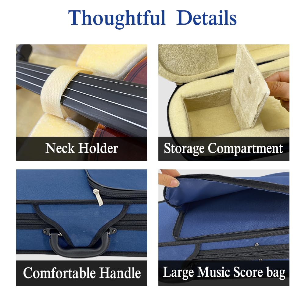 Custodia per violino 4/4 full size con cinghie per zaino, custodia rigida ultra leggera da viaggio con supporti per archetto, igrometro e tasca per spartiti musicali, Triangolo Blu, Popolare