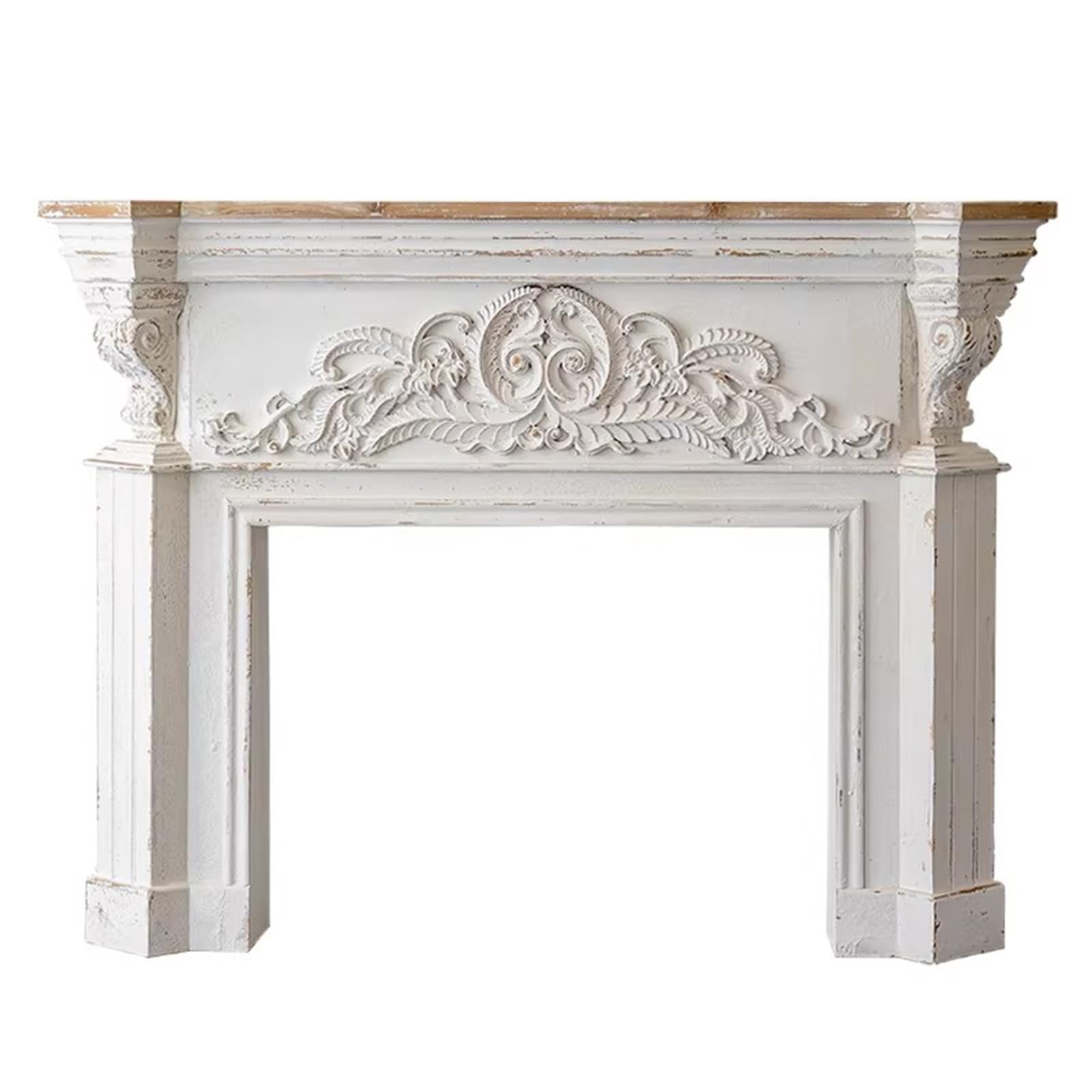 Mantels Surrounds Vintage Distressed Wood Fireplace Mantel Ornate Decorative Surround Frame Decorated Frame
