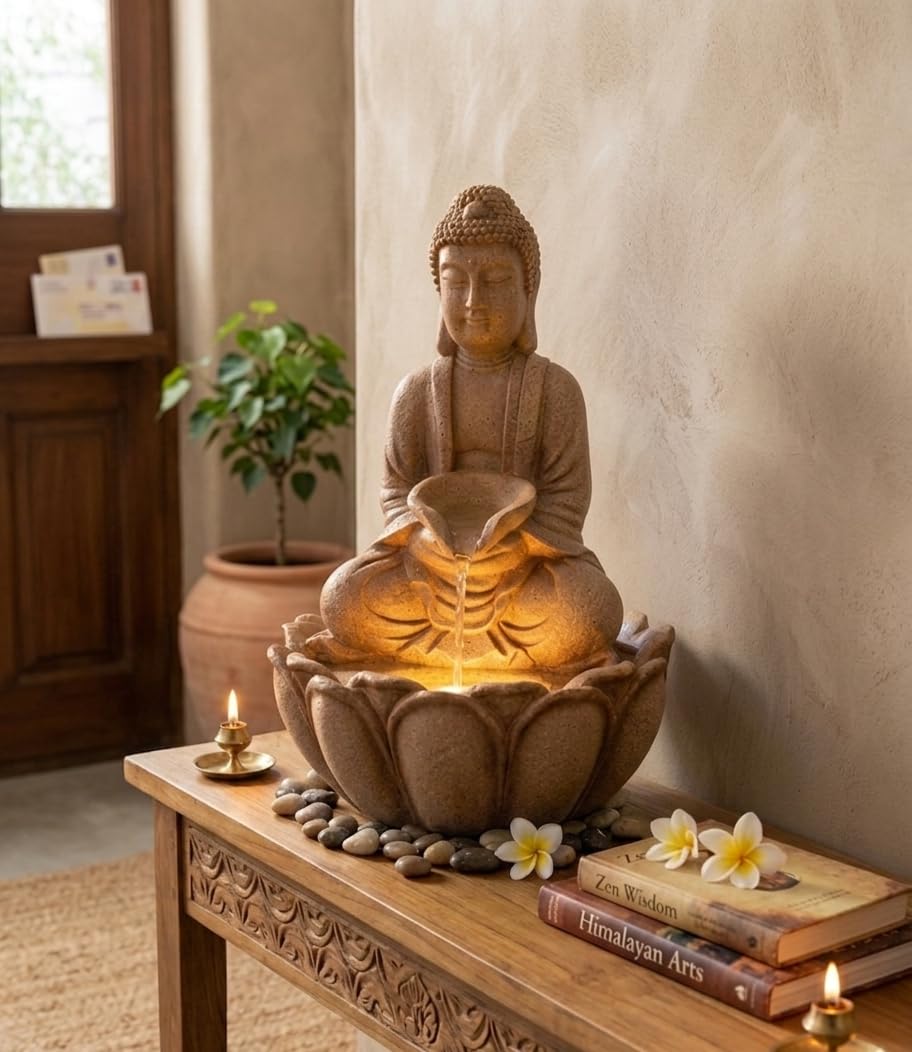 Meditating Buddha Water Fountain Idol || Polyresin Lotus Water Fountain Showpiece for Home Garden, Living Room, Decoration Gift-image-23