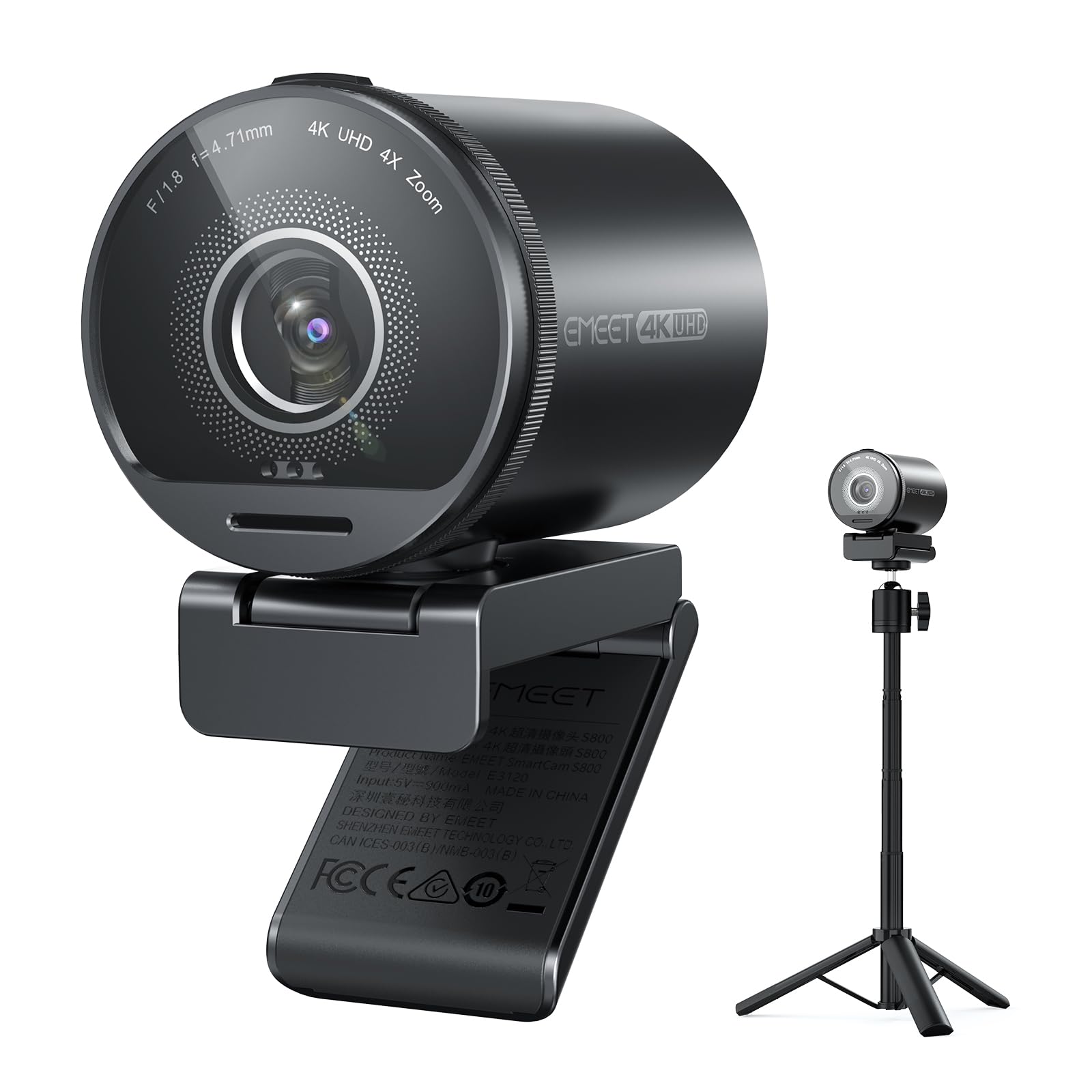 EMEET SmartCam S800-4K Webcam with Tripod for Streaming, Sony 1/2'' Sensor, Supports HDR, PDAF&TOF Dual-autofocus, 1080P@60FPS, Adjustable Heights with 360° Swivel Head, Perfect for Live Str