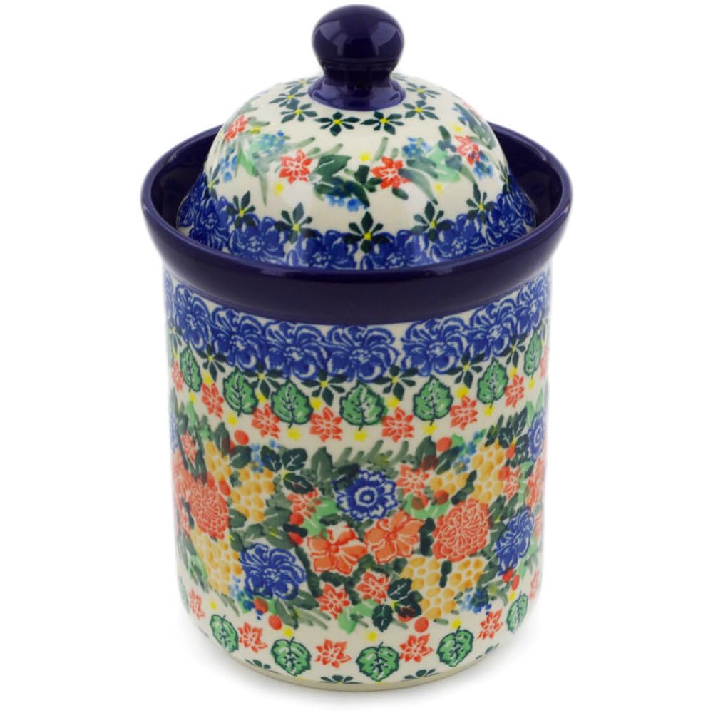 Authentic Polish Pottery Cookie Jar Signature UNIKAT in Red Bouquet Design Handmade in Boles?awiec Poland by Ceramika Artystyczna + Certificate of Authenticity