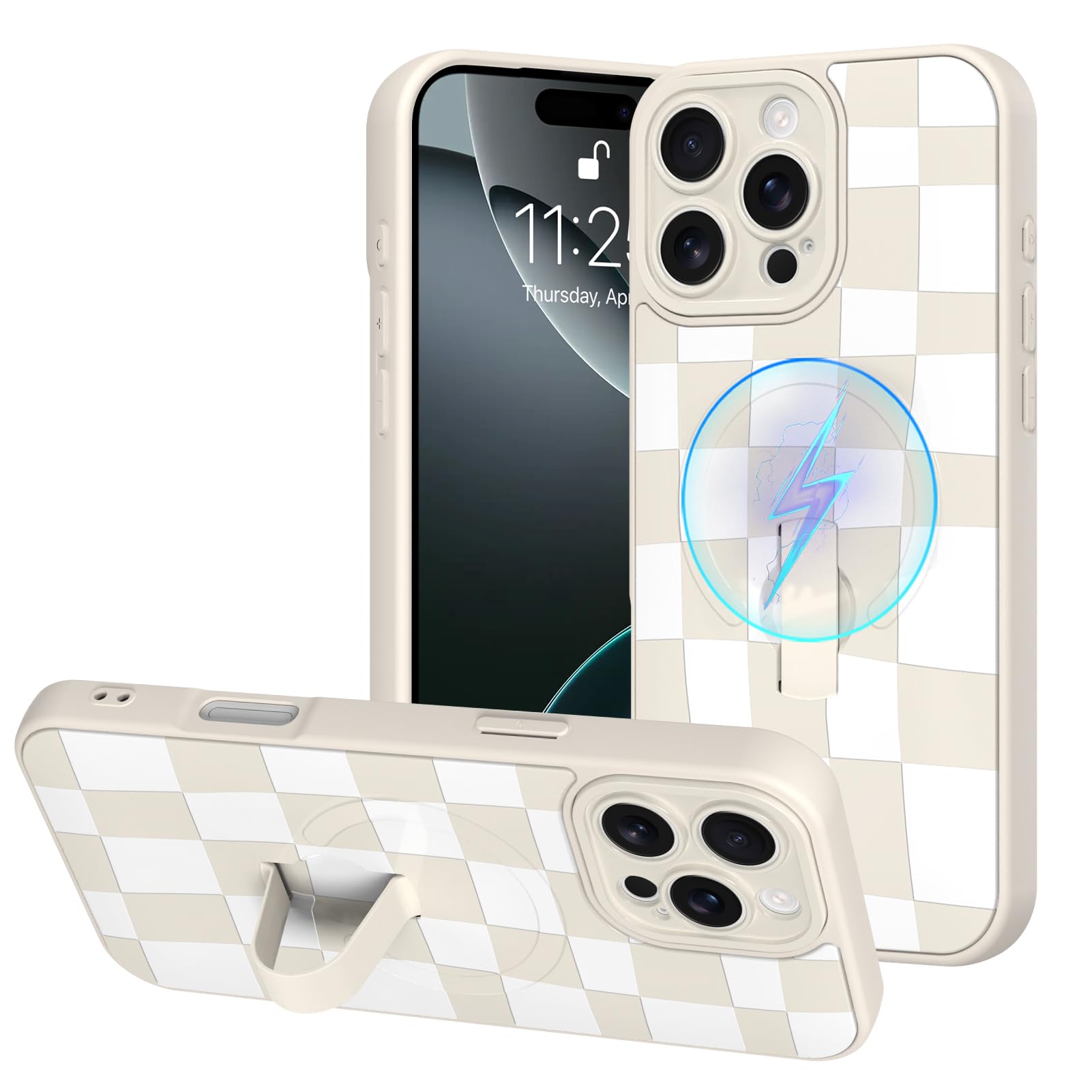 OOK Funda magnética para iPhone 16 Pro Max con soporte para correa de dedo, compatible con MagSafe, bonito patrón a cuadros para mujeres y hombres, funda protectora delgada a prueba de golpes para