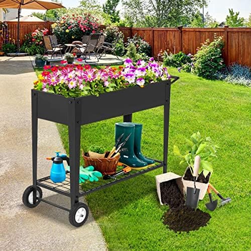 Mobile Raised Garden Bed Outdoor/Indoor Herb Garden Above Ground Raised Planter Boxes with Legs, 2 Wheels and Lower Shelf, Metal Elevated Garden Bed for Vegetables Flower Herb Patio
