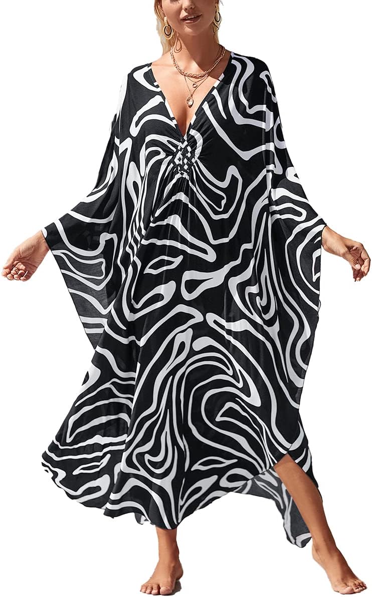 sunforyou Kaftan Dresses for Women Plus Size Lightweight Swimsuit Cover up Batwing Sleeve Print Loungewear Beach Robe