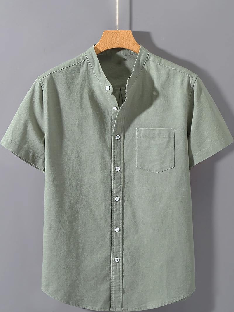 GUOYUXIAO Männer-Sommer-Chino-Stil-Linon-Kurzarmhemd mit Stehkragen.