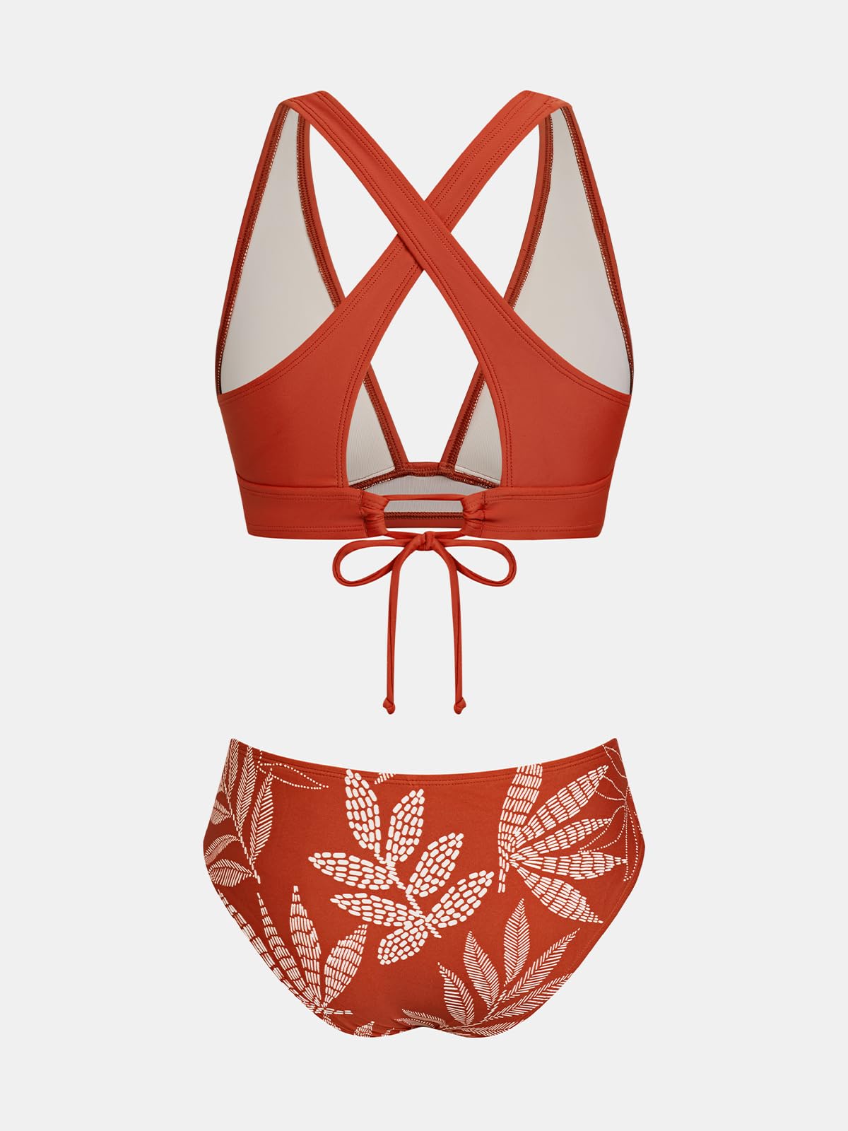 CUPSHE Bikini da donna, con scollo a V, in pizzo, a vita bassa, costume da bagno a due pezzi, Rosso mattone Tropical, S