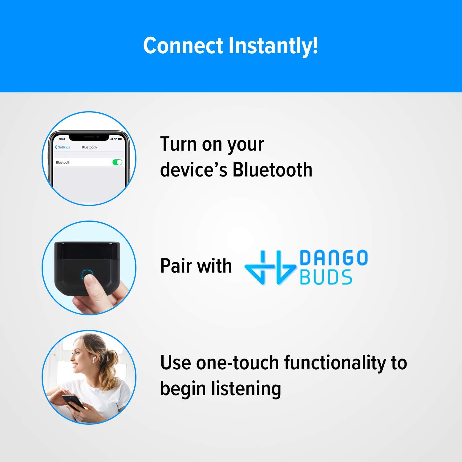 Steps to connect DANGOBUDS: Turn on Bluetooth, Pair with DANGOBUDS, Use one-touch functionality