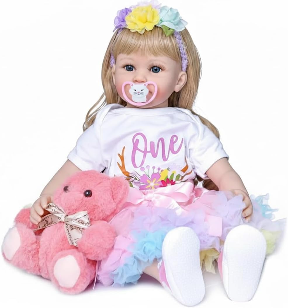 Lifelike Toddler Reborn Doll Girl 24 Inch Soft Vinyl Realistic Reborn Baby Dolls with Blonde Curly Hair Bebe Doll with Doll Accessories for Girls Boys Birthday Gift