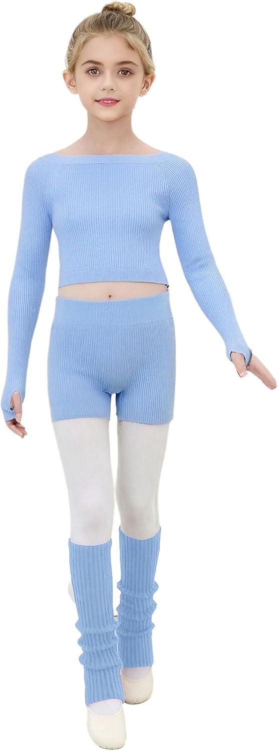 Jhaoyu Kids Girls Ballet Dance Outfits Long Sleeve Knitted Sweater with Shorts and Leg Warmers Set for Dance Training