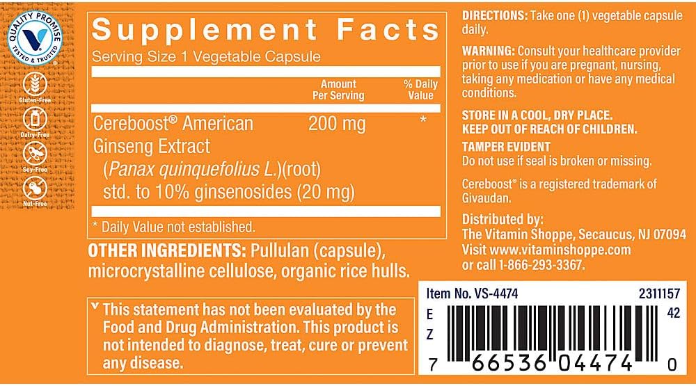 The Vitamin Shoppe Cereboost Supports Memory, Attention, Cognitive Performance, (60 Vegetable Capsules)