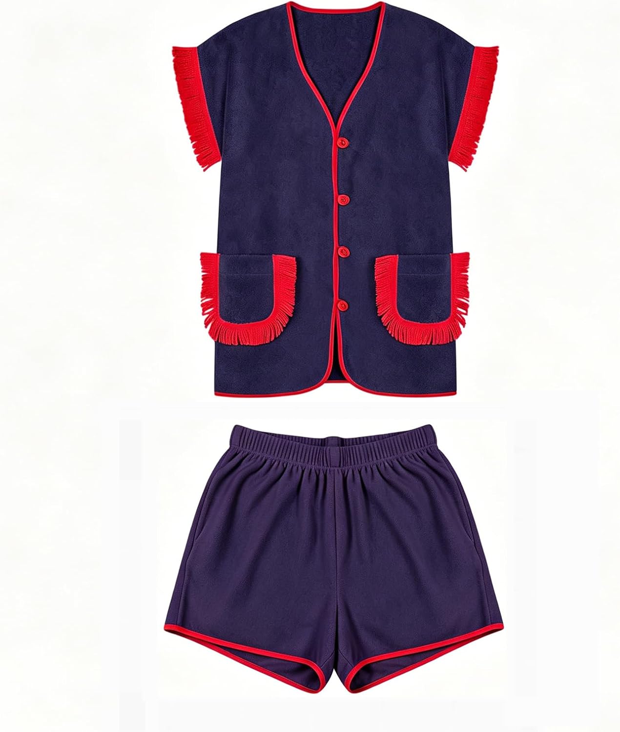 Franhais Womens 2 Piece Set Fringed Trim Vacation Outfits Short Sleeve Vneck Button Up Top Shorts Pjs Lounge Set with Pockets