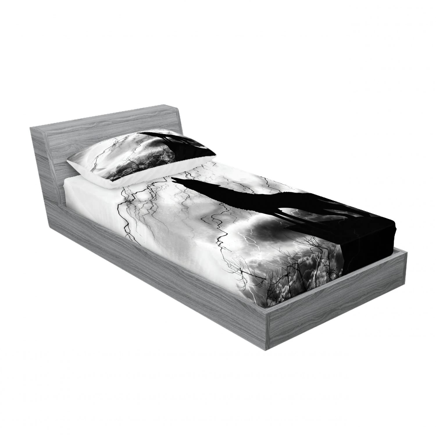 Ambesonne Wolf 2 Pack Fitted Sheet & Pillow Sham Set, Howling Under Full Moon, 4 Pcs Bedding Decor, Package Contains 2 Twin Size Fitted Sheets & 2 Pillow Covers, Black Grey and White