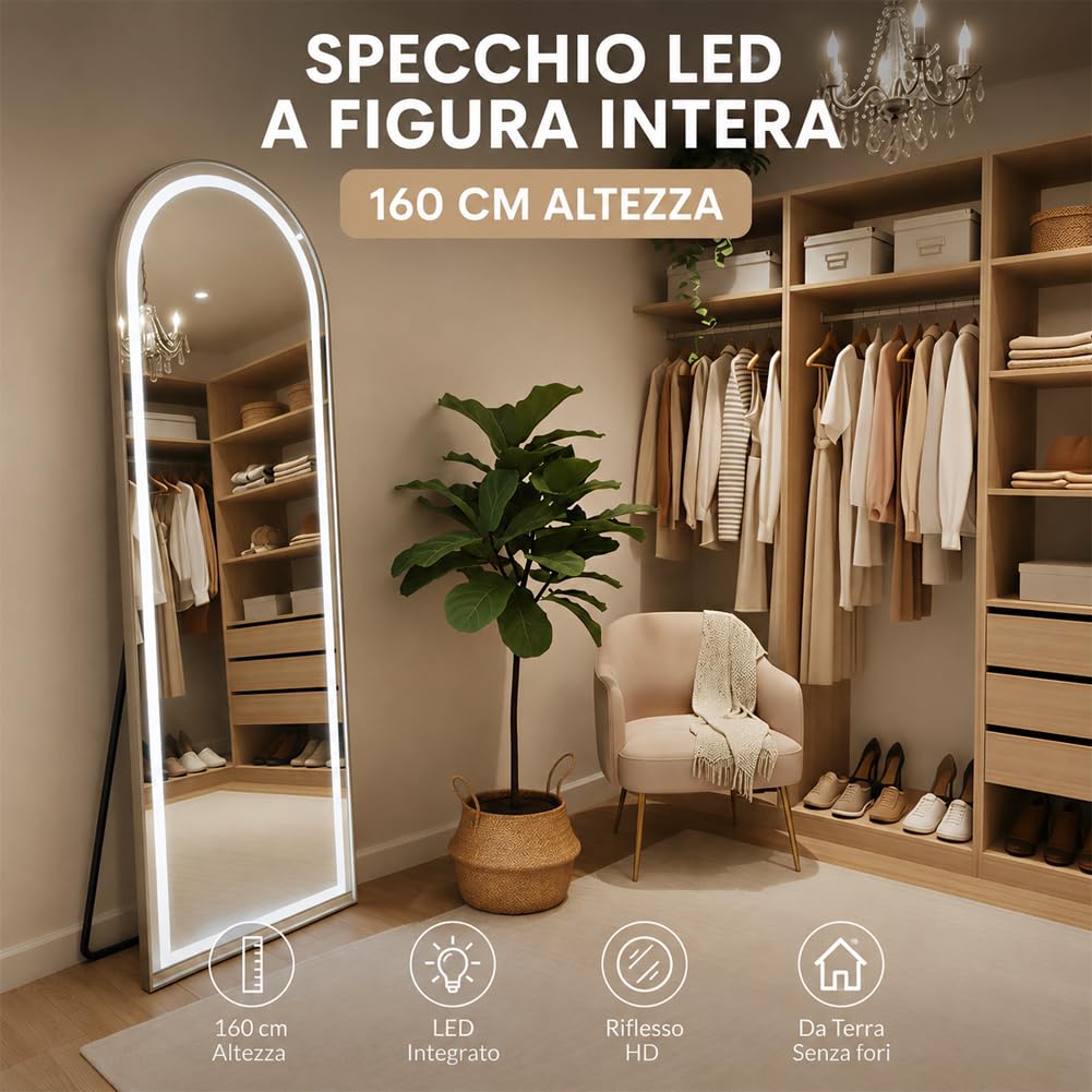 Shally Dogan Specchio Figura Intera ad Arco con Struttura in Alluminio Indipendente e Led a 3 Colori Bianco Freddo, Caldo e Naturale, Illuminazione Dimmerabile e Accensione Touch Moderno, 160 x 50 cm