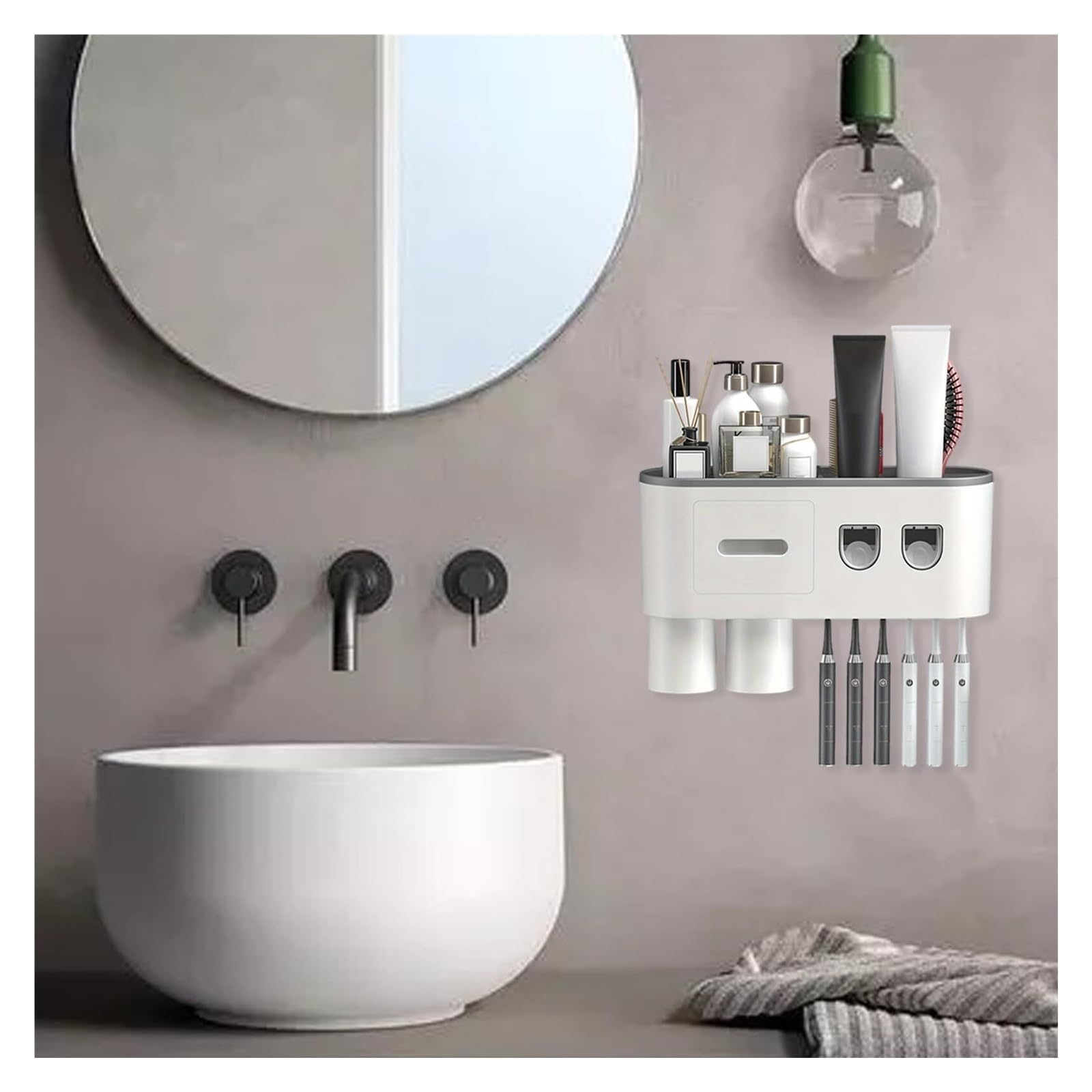 Portacepillos de Dientes Soporte de Pared for cepillos Dientes con dispensador automático Pasta, Organizador baño sin Taladro Vaso de Enjuague bucal Reutilizable(2 Cups)