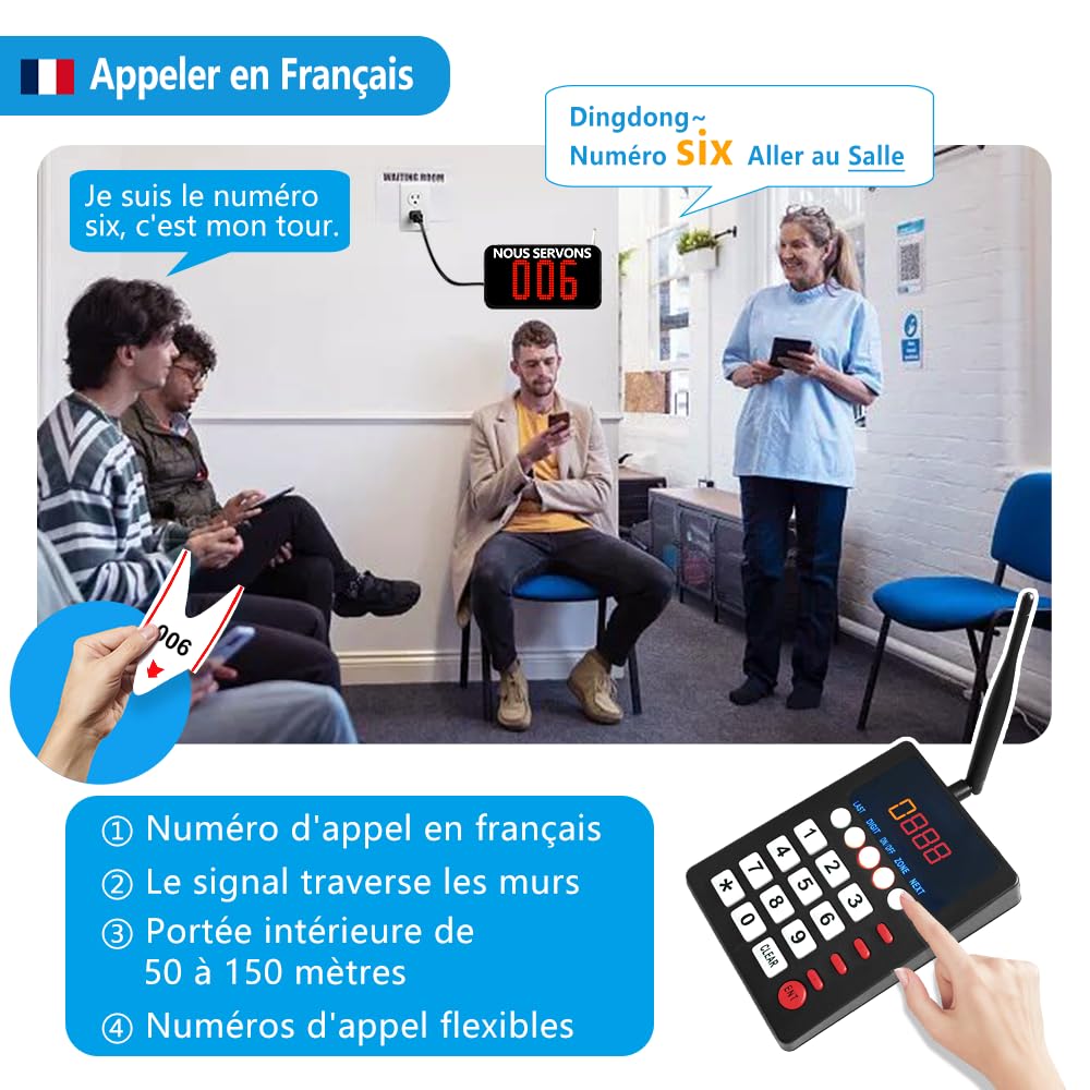 Gestion File d'Attente | Appeler Les Clients en Français | 1 Ecran d'Affichage +1 Clavier | pour Magasin, Restaurant, Clinique, Salle d'Attentes