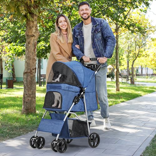 YITAHOME Hundewagen Haustiere Buggy bis 15kg, Hundebuggy mit Netzfenstern & Getränkehalter & Ablagekorb, Katzenbuggy für Hunde Katzen (Blau)