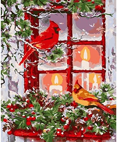 Viart Christmas Birds Paint by Number for Adults, Cardinal Birds Paint by Numbers for Beginner, Snow and Flowers Canvas Oil Painting Kit for Kids - Creative Gifts for Home Decoration 16x20 inch