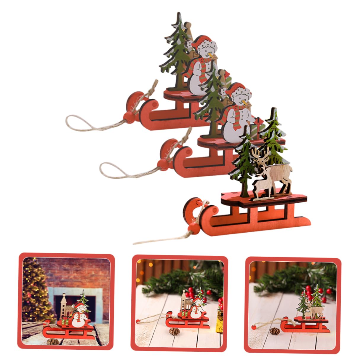 Cabilock 3 Set Slitta Natalizia in Legno Figurine Scena Ornamenti Natalizi Decorazioni Di Halloween Appeso All'albero Di Natale Uomo Fiocco Di Neve Arredamento Autunno Bosso 3 Pezzi*3