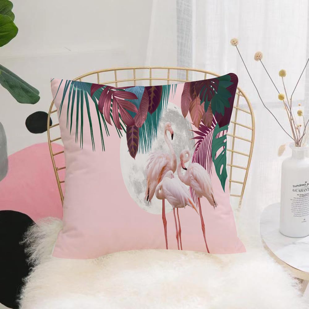 HYOSXW Cushion Cover,Throw Pillow Case Home Decorative for Living Room Bedroom Sofa Chair 16X16 Inch,moon and flamingo background design with tropical leaves,Pillowcase 40X40cm