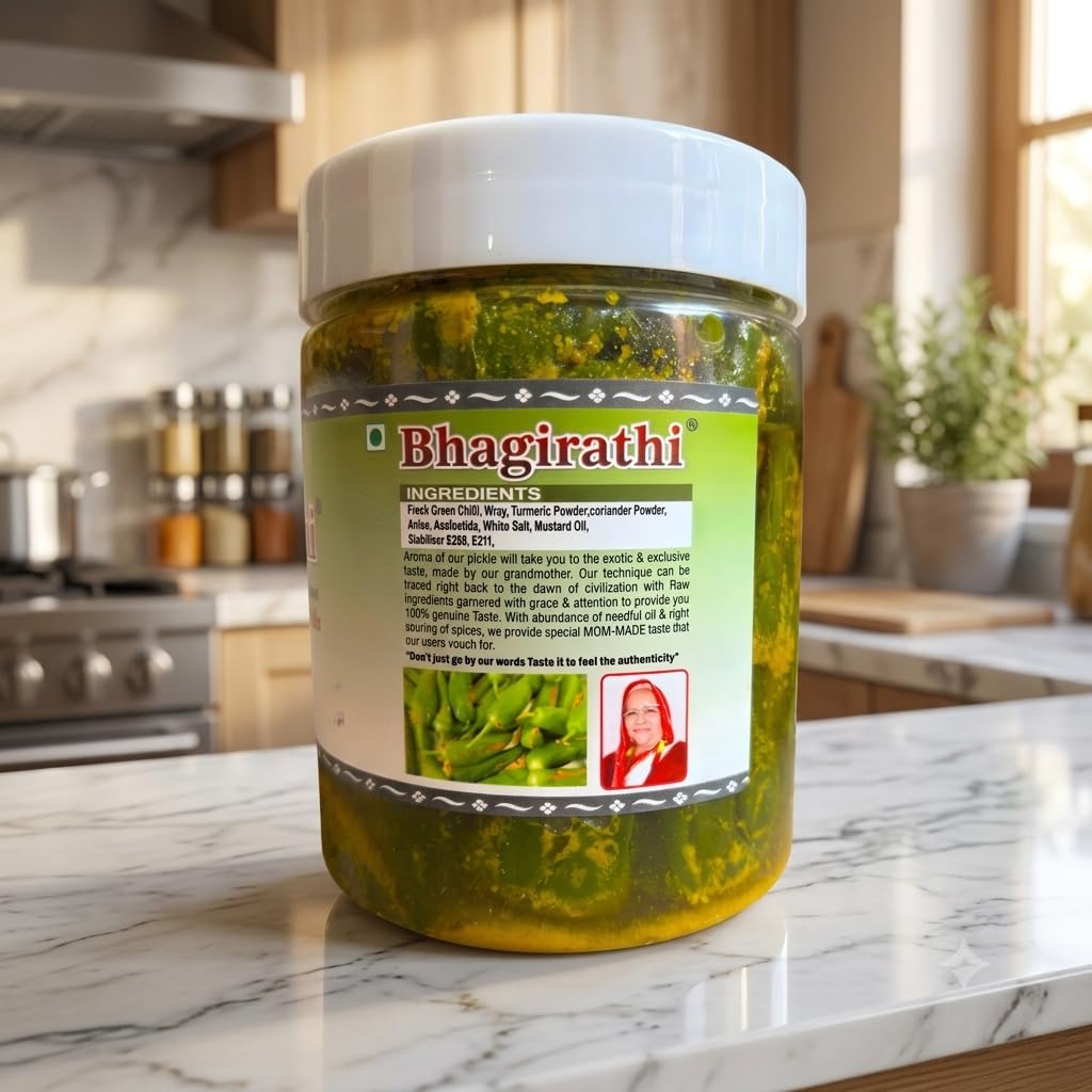 Bhagirathi Stuffed Green Chilli Pickle 500g Authentic Bharwa Hari Mirch Ka Achar Made in Pure Mustard Oil & Traditional Spices Homemade Style Spicy Green Chilli Pickle 1