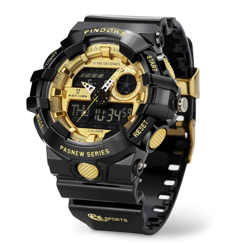 PINDOWS Watch for Men Analog Digital Gold White Black TPU Sport Multifunction Luminous LED Dial Waterproof Watches Fashion Wristwatches (B0D6C49Z6H) Amazon Price History, Amazon Price Tracker