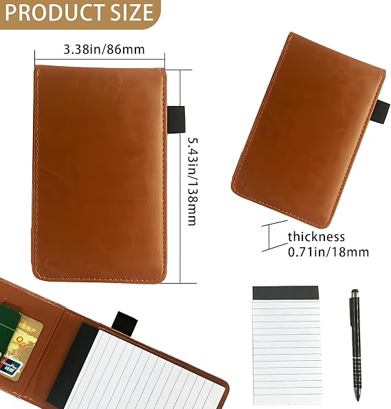 small notebooks pocket size, a7 notebook Portable Mini Leather Notepad Memo Book with Pen, pocket notebook for Work Restaurants Offices Schools(brown)