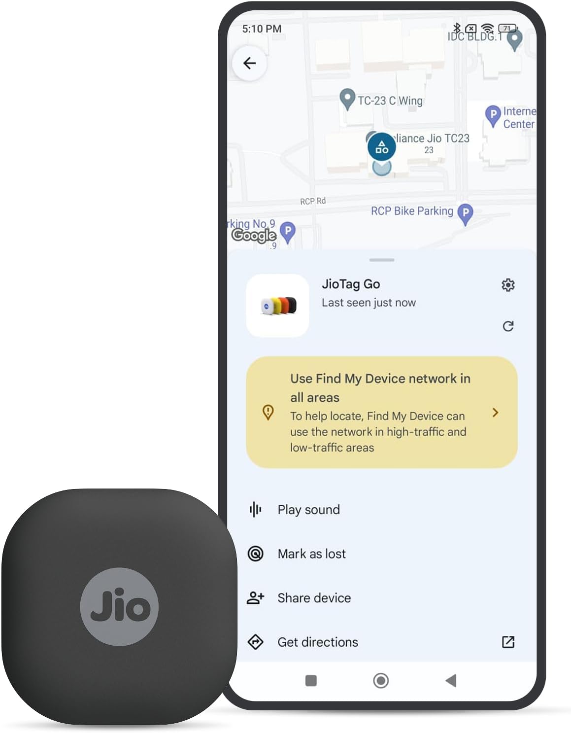 JioTag Go |India's First Android Tag | Google Find My Device Item Finder| Worldwide Tracking for Keys, Wallets, Luggage, Gadgets and More|1+1 Year Battery|No SIM Needed|BT 5.3|for Android Only