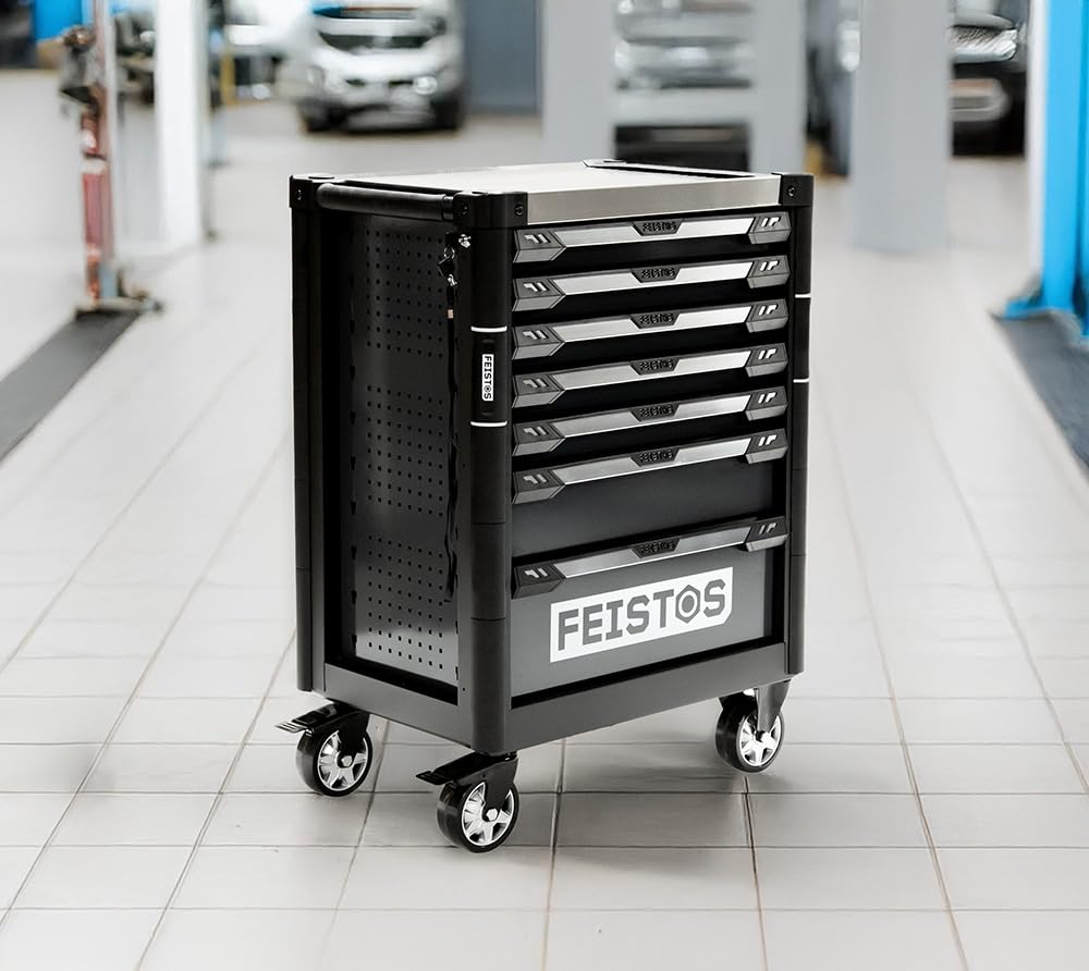 Werkzeugwagen Mento 3 | Werkstattwagen bestückt mit 158 Teilen | Schwarz | 73x48x97 cm | Modular & abschließbar