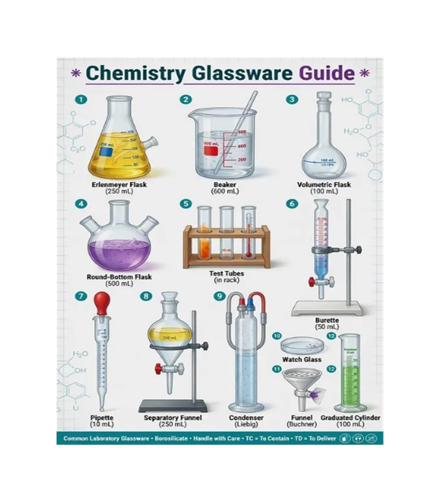 BYLSAGWHT Chemistry Glassware Guide Poster Laboratory Science Educational Chart for Classroom School Wall-Art