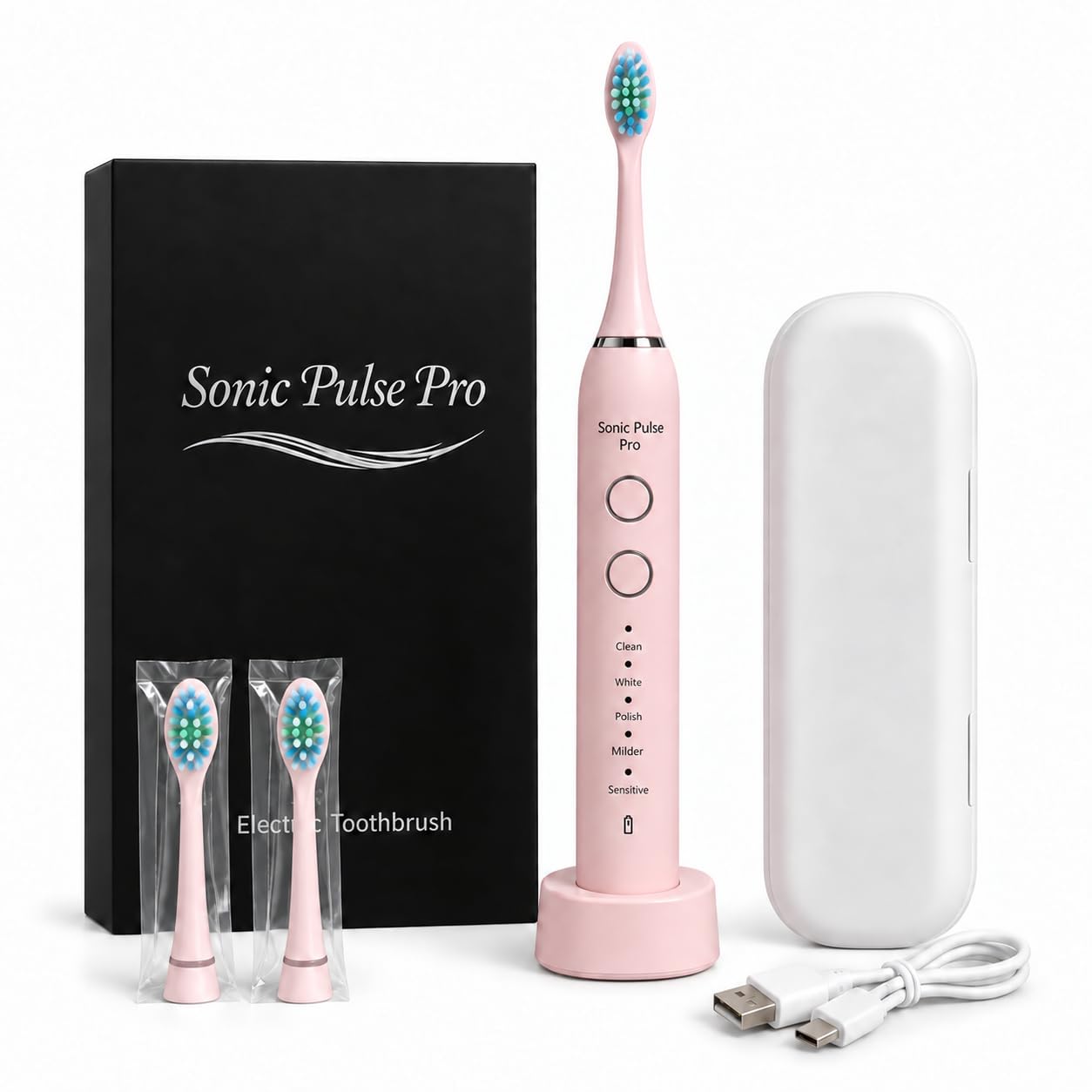 Rechargeable Sonic Toothbrush for Adults with USB Charging Base, Soft Bristles, 5 Cleaning Modes, 3 Intensity Levels, 60-Day Battery Life, IPX7 Waterproof, Pink